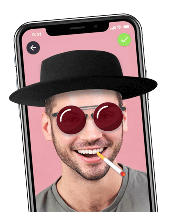 Man with virtual hat and sunglasses on phone screen.